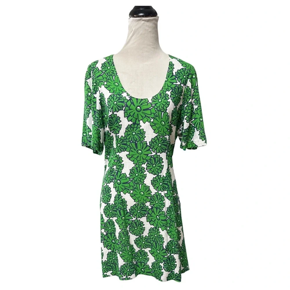 Porridge Clothing Green Floral Linen Blend Mini Dress Short Sleeve Small Retro - Picture 6 of 12